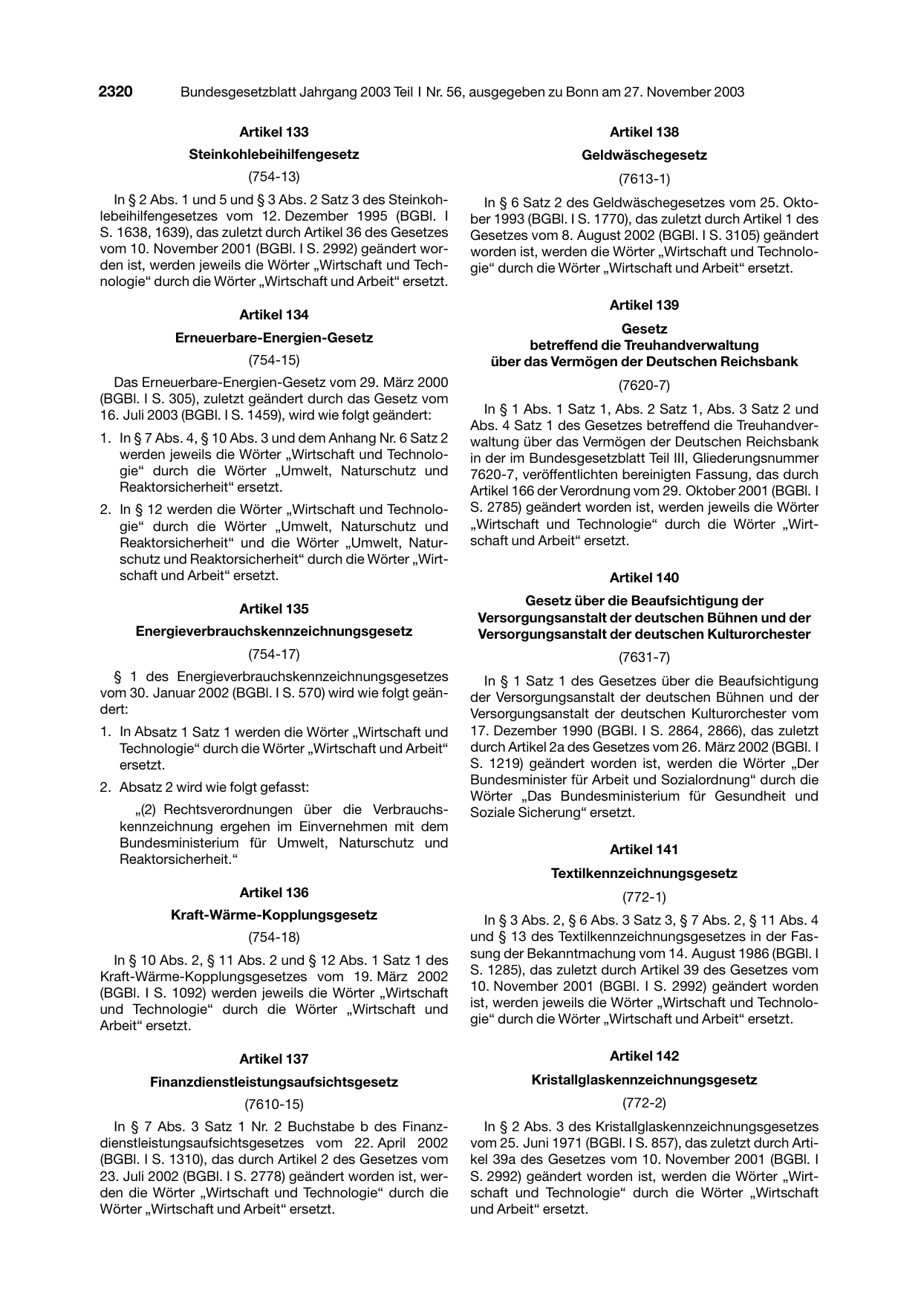 BGBl. 2003, Seite 2320 — Originalseite als Abbildung