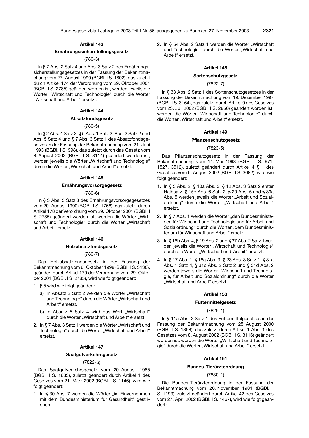 BGBl. 2003, Seite 2321 — Originalseite als Abbildung