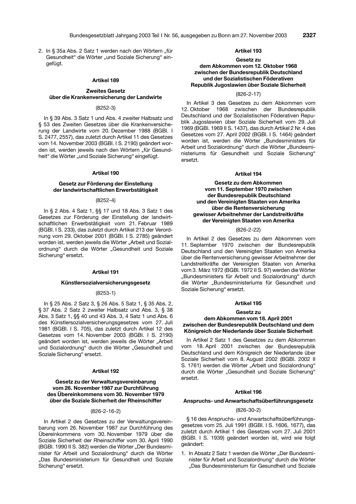 BGBl. 2003, Seite 2327 — Originalseite als Abbildung