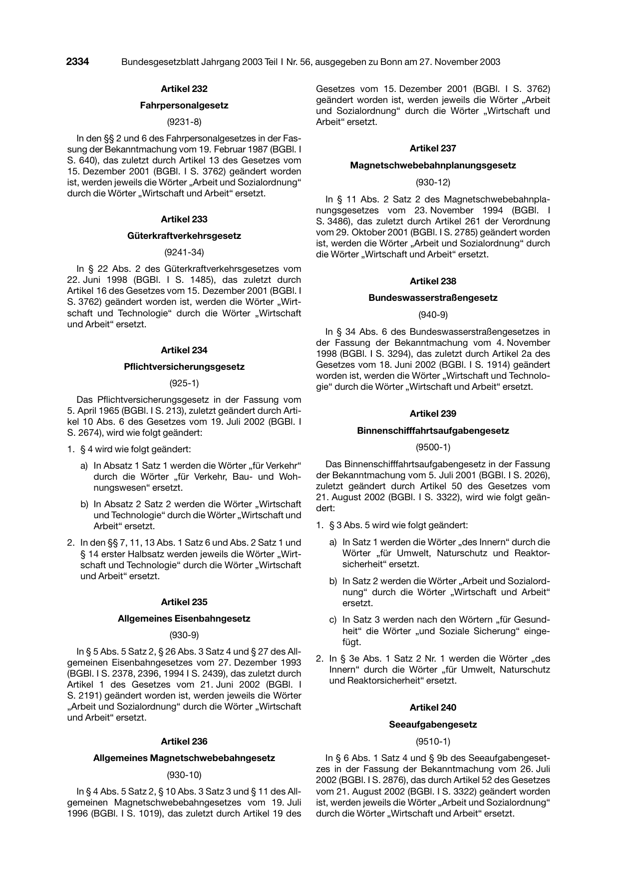 BGBl. 2003, Seite 2334 — Originalseite als Abbildung