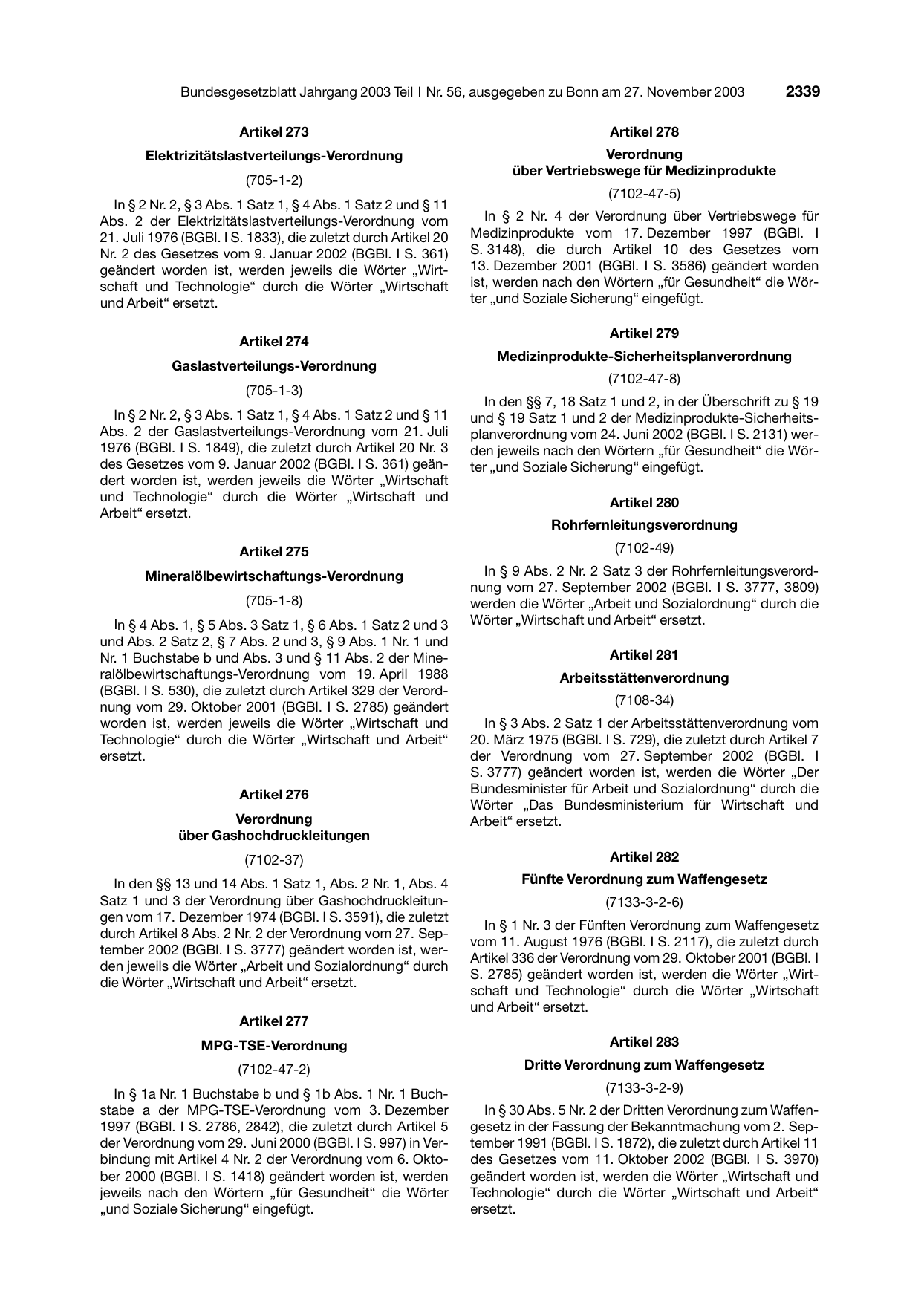 BGBl. 2003, Seite 2339 — Originalseite als Abbildung