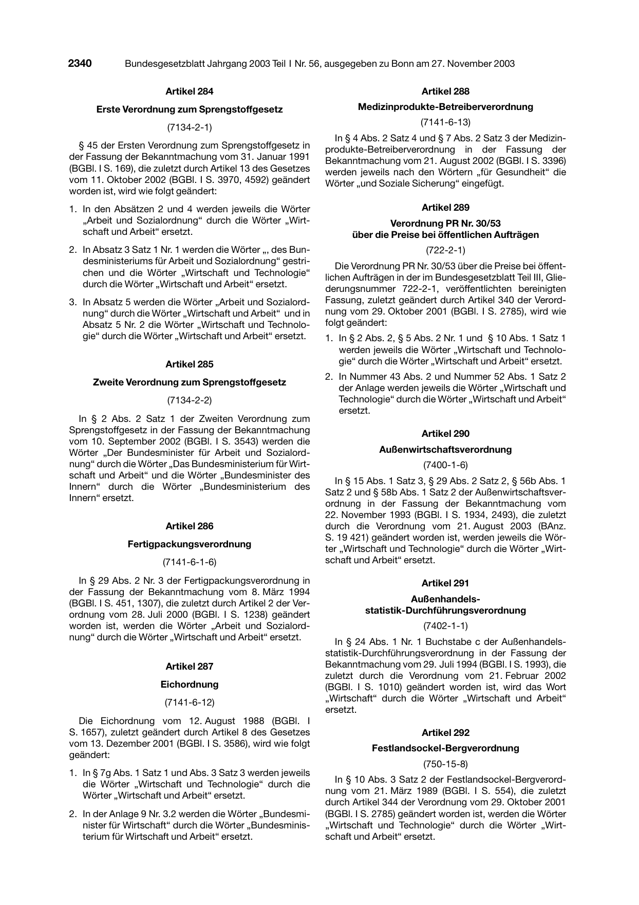 BGBl. 2003, Seite 2340 — Originalseite als Abbildung