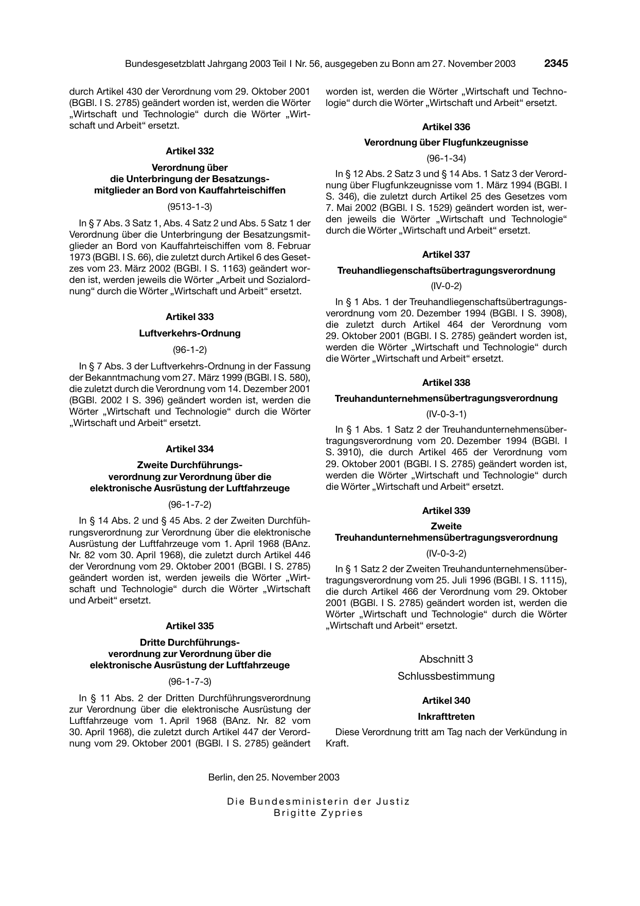 BGBl. 2003, Seite 2345 — Originalseite als Abbildung