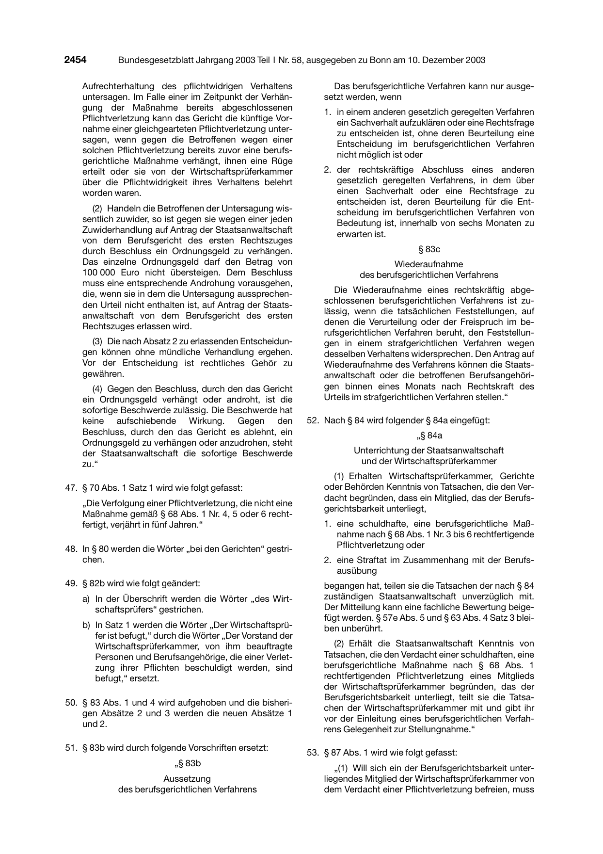 BGBl. 2003, Seite 2454 — Originalseite als Abbildung