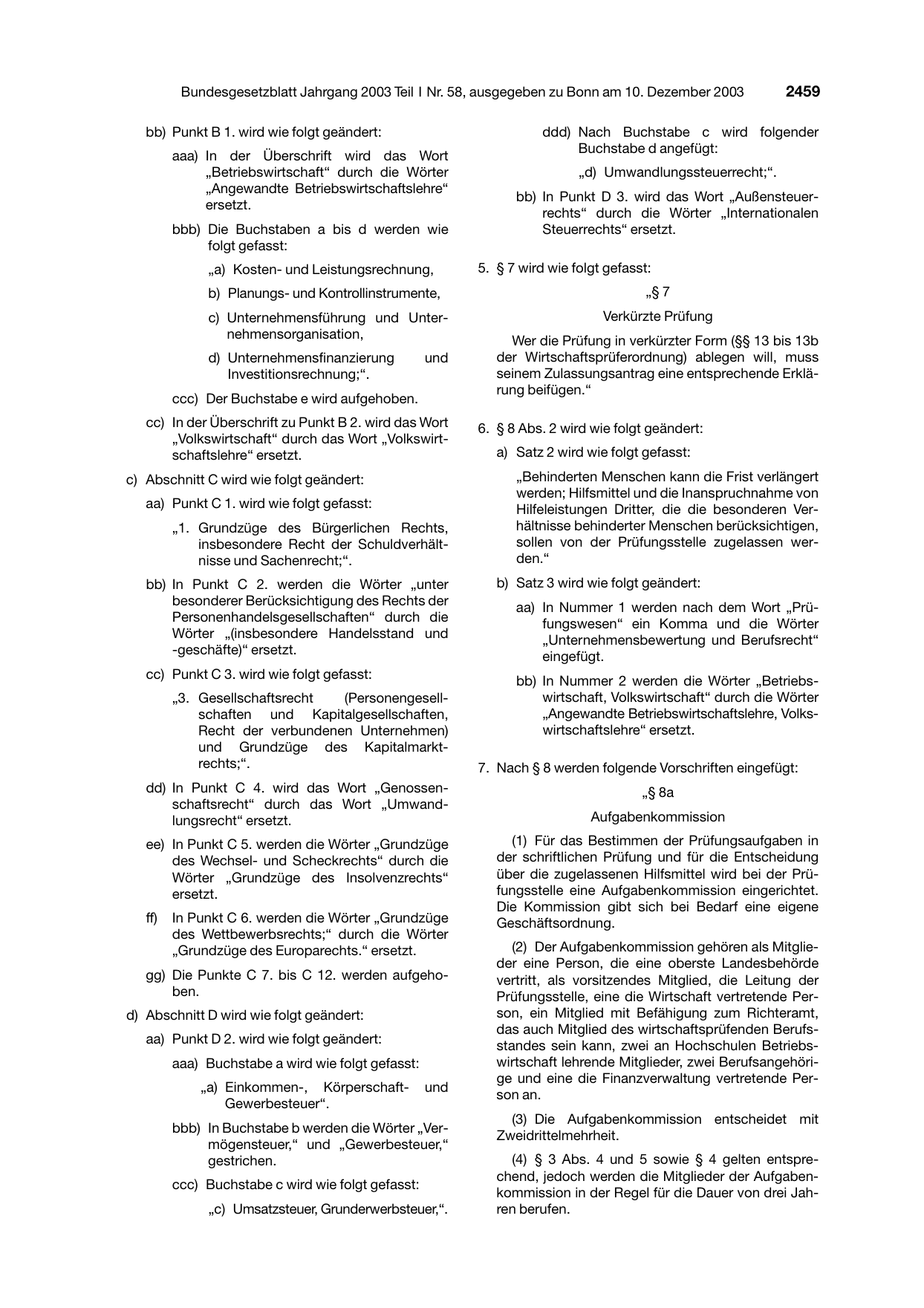 BGBl. 2003, Seite 2459 — Originalseite als Abbildung