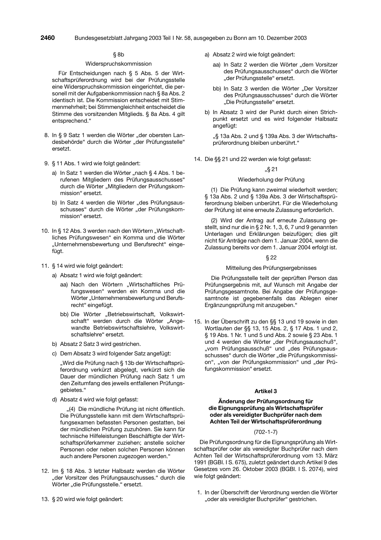 BGBl. 2003, Seite 2460 — Originalseite als Abbildung