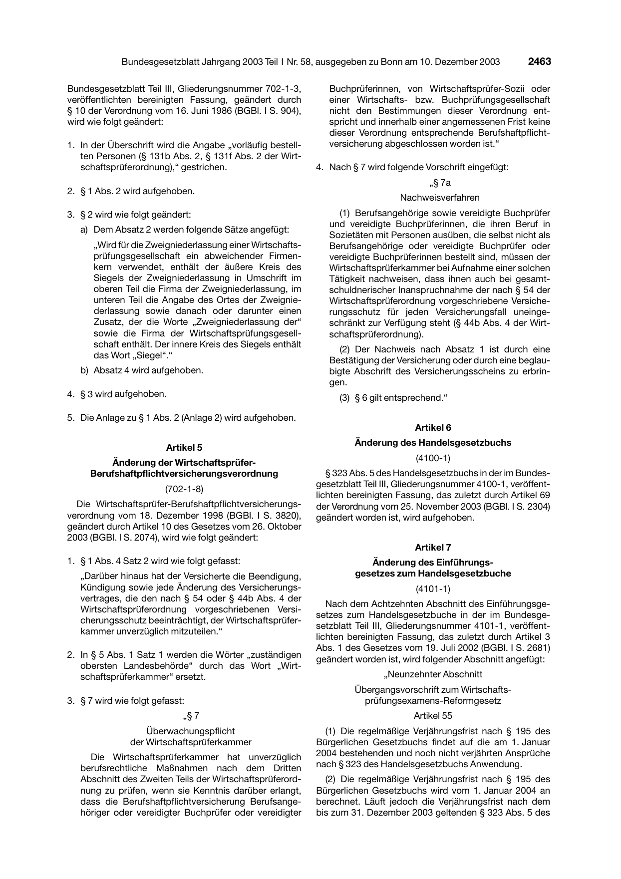 BGBl. 2003, Seite 2463 — Originalseite als Abbildung