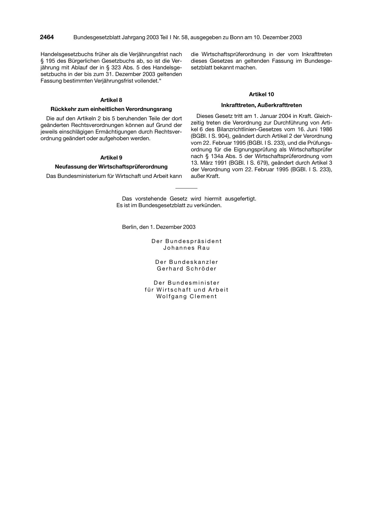 BGBl. 2003, Seite 2464 — Originalseite als Abbildung
