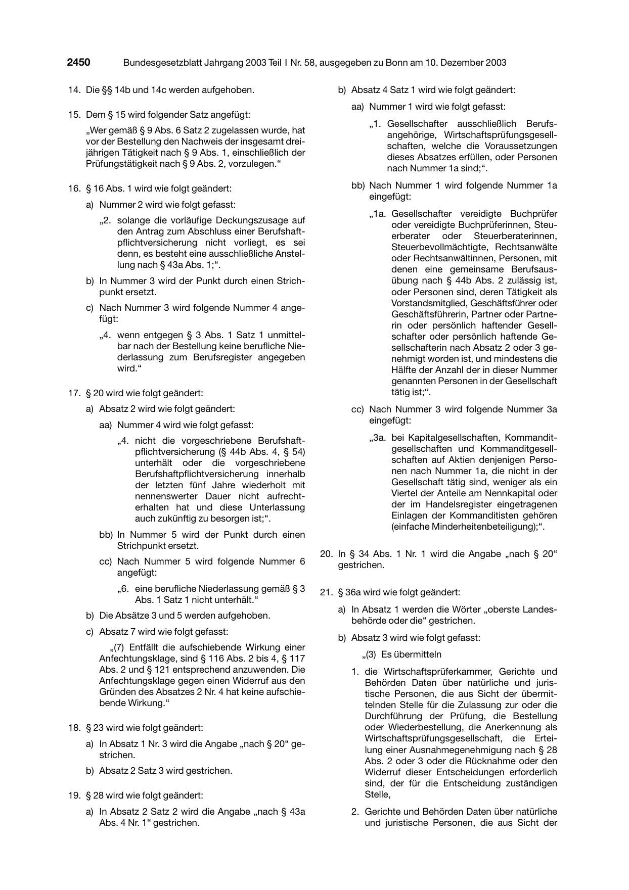 BGBl. 2003, Seite 2450 — Originalseite als Abbildung