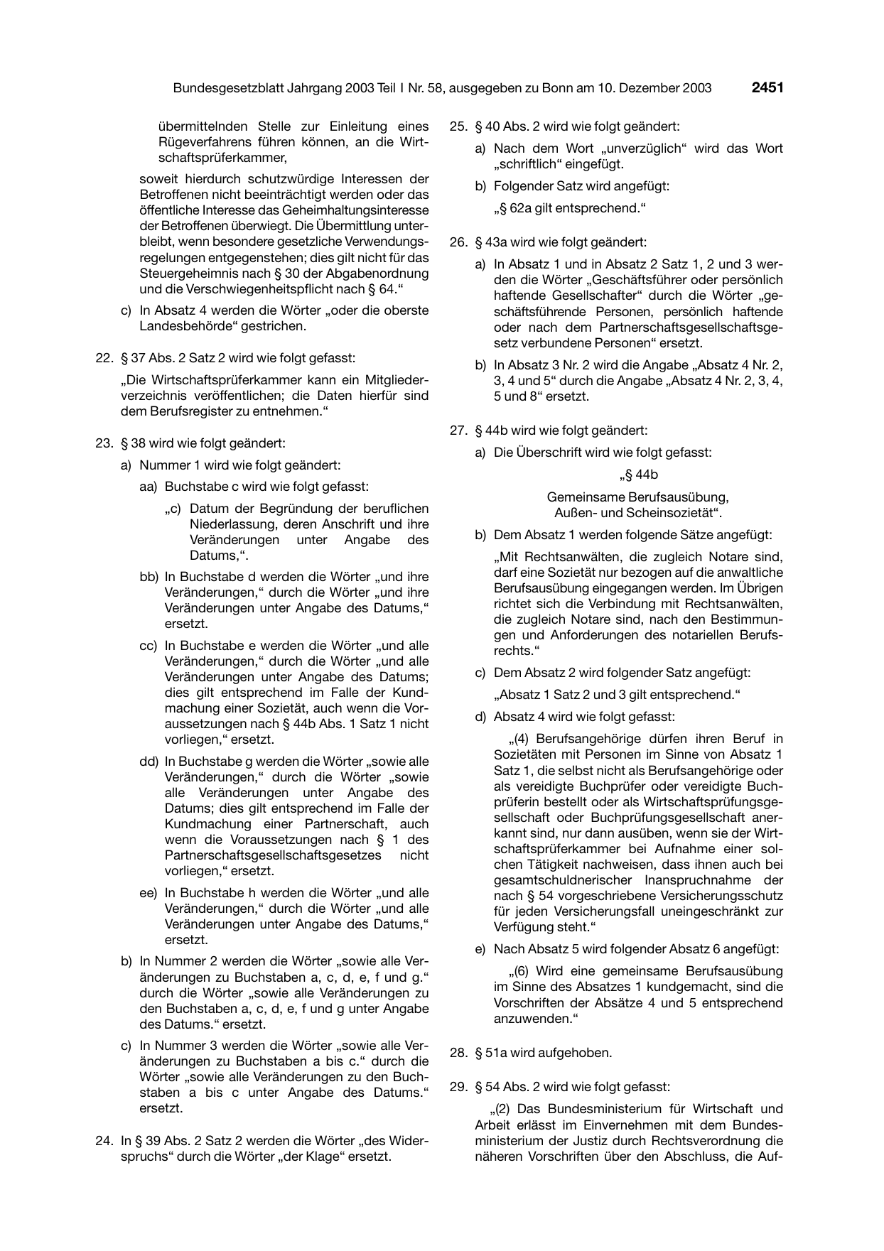 BGBl. 2003, Seite 2451 — Originalseite als Abbildung