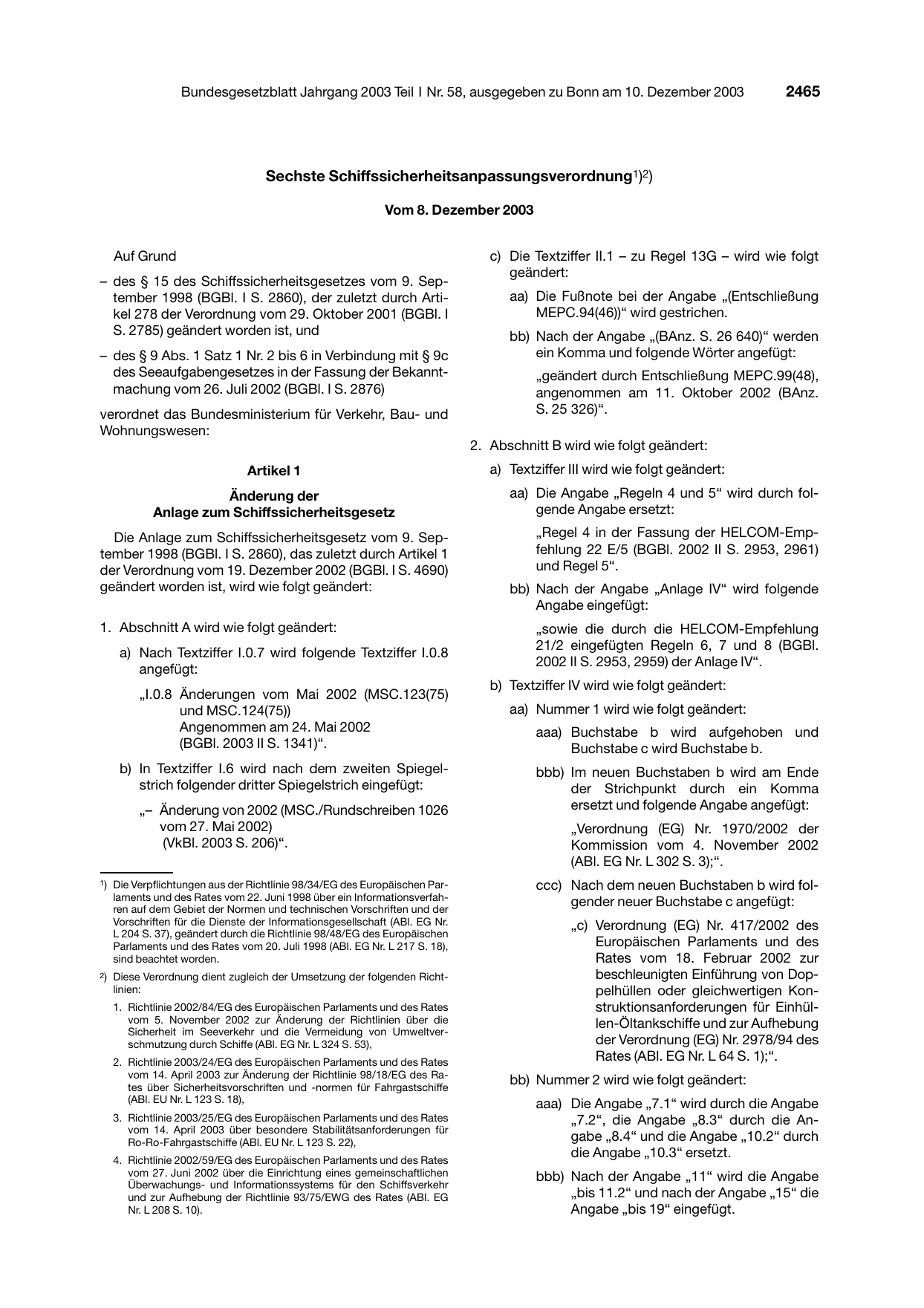 BGBl. 2003, Seite 2465 — Originalseite als Abbildung