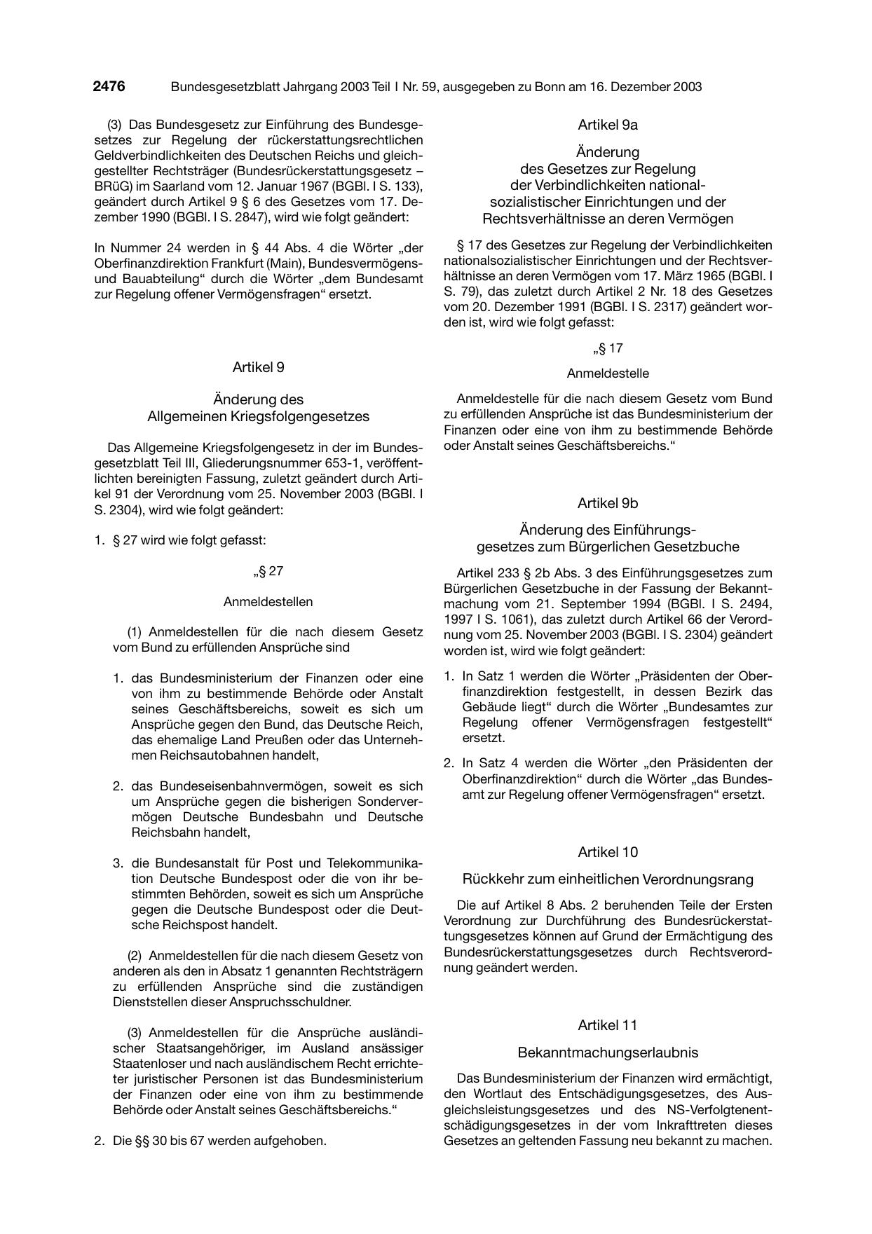 BGBl. 2003, Seite 2476 — Originalseite als Abbildung