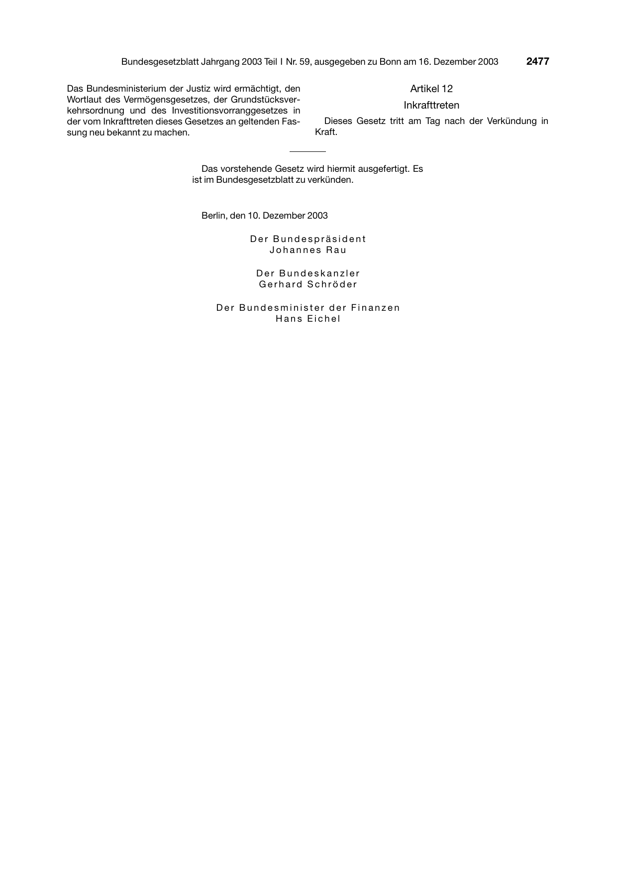 BGBl. 2003, Seite 2477 — Originalseite als Abbildung