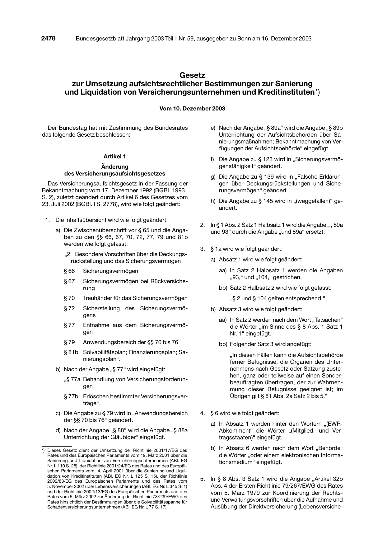 BGBl. 2003, Seite 2478 — Originalseite als Abbildung
