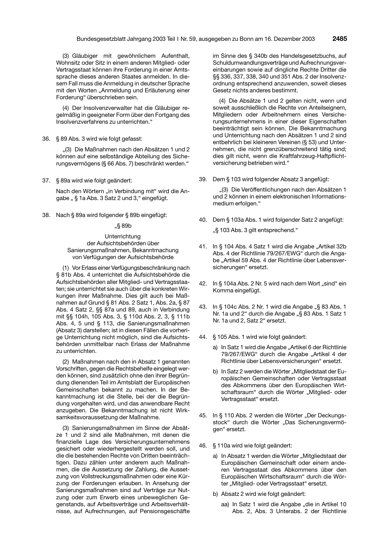 BGBl. 2003, Seite 2485 — Originalseite als Abbildung