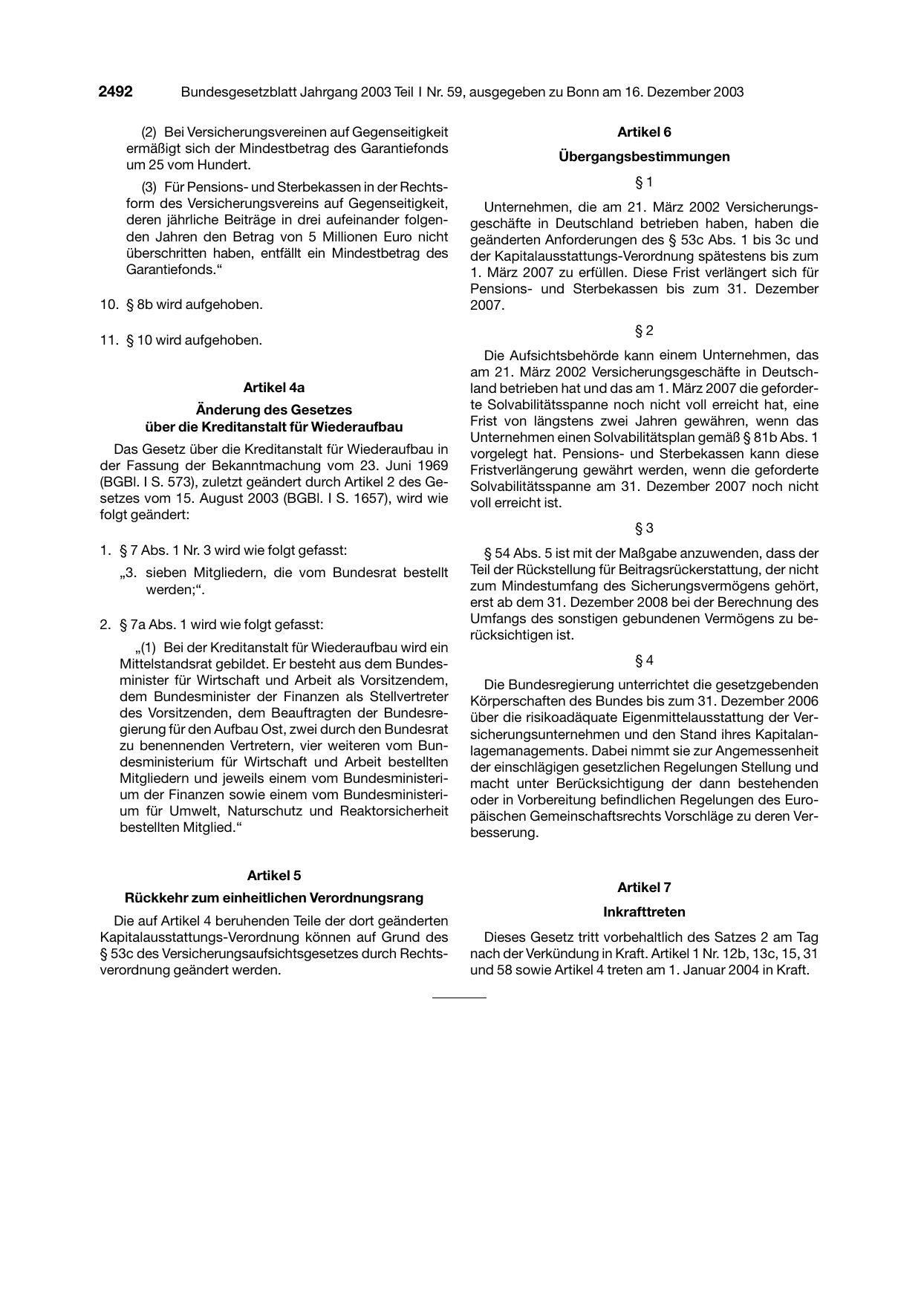 BGBl. 2003, Seite 2492 — Originalseite als Abbildung