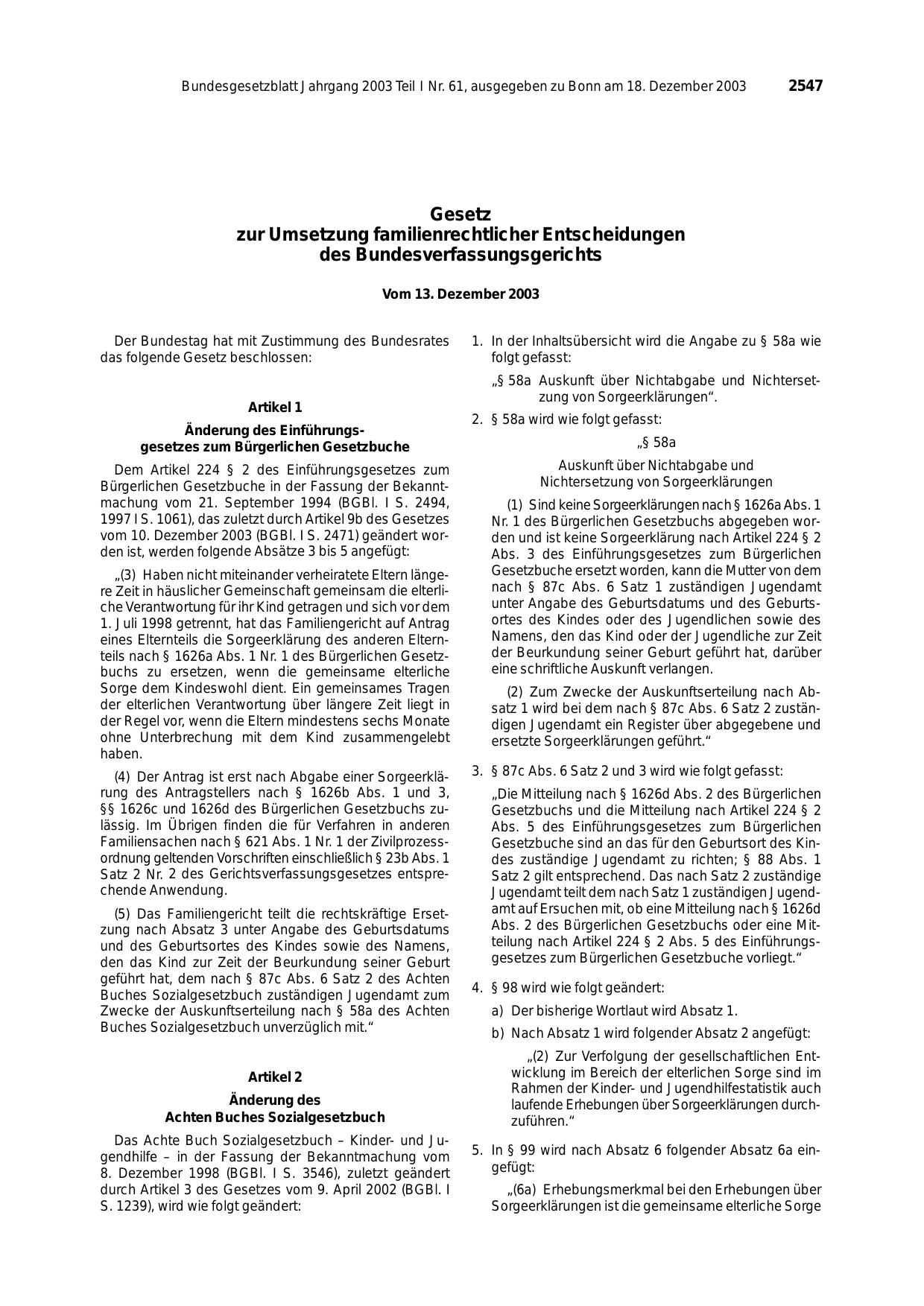 BGBl. 2003, Seite 2547 — Originalseite als Abbildung