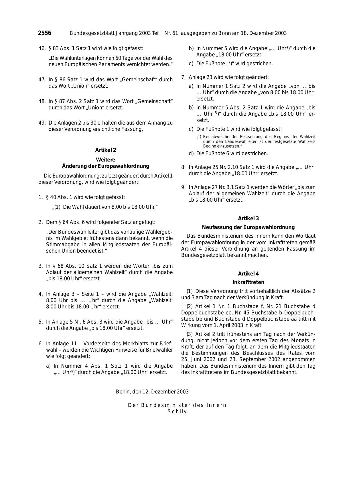 BGBl. 2003, Seite 2556 — Originalseite als Abbildung