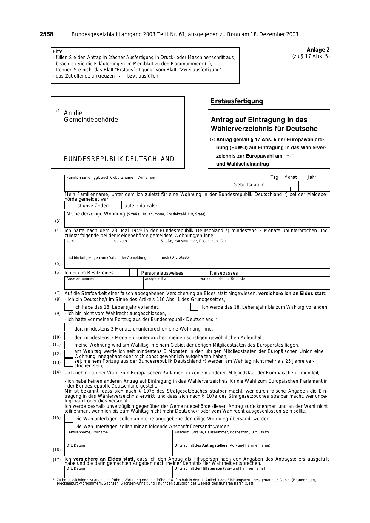 BGBl. 2003, Seite 2558 — Originalseite als Abbildung