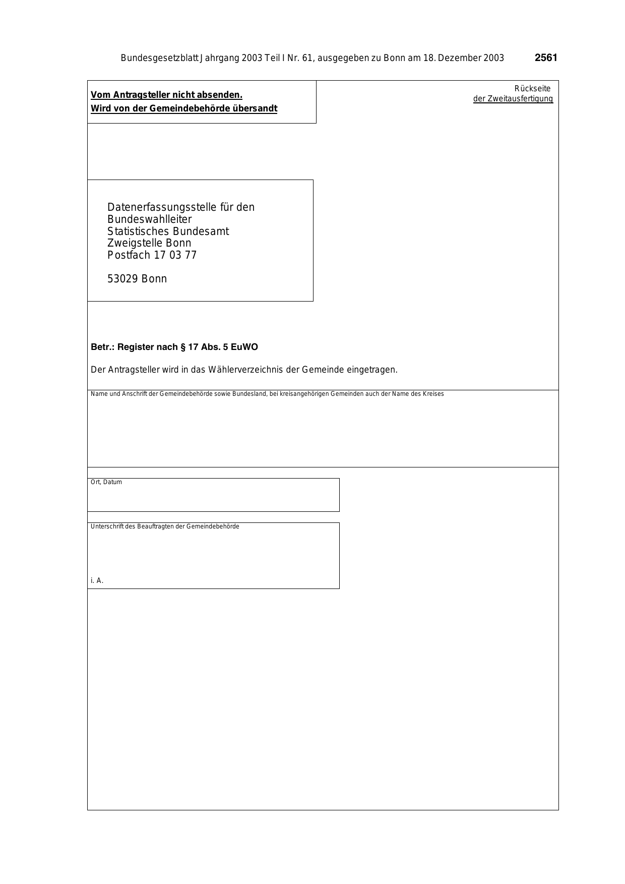 BGBl. 2003, Seite 2561 — Originalseite als Abbildung