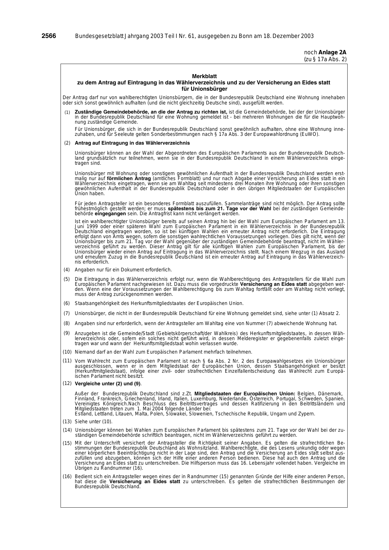 BGBl. 2003, Seite 2566 — Originalseite als Abbildung