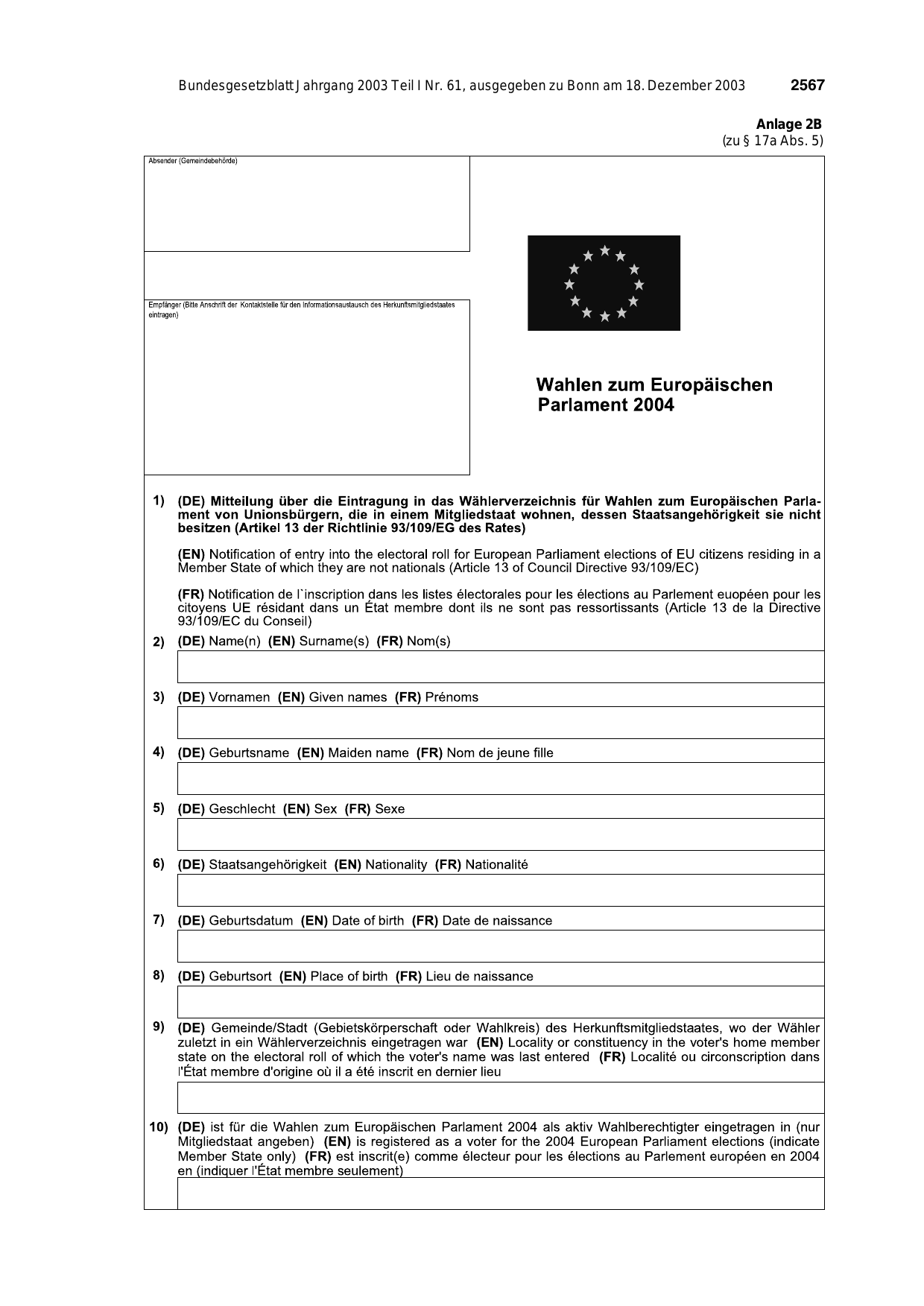 BGBl. 2003, Seite 2567 — Originalseite als Abbildung