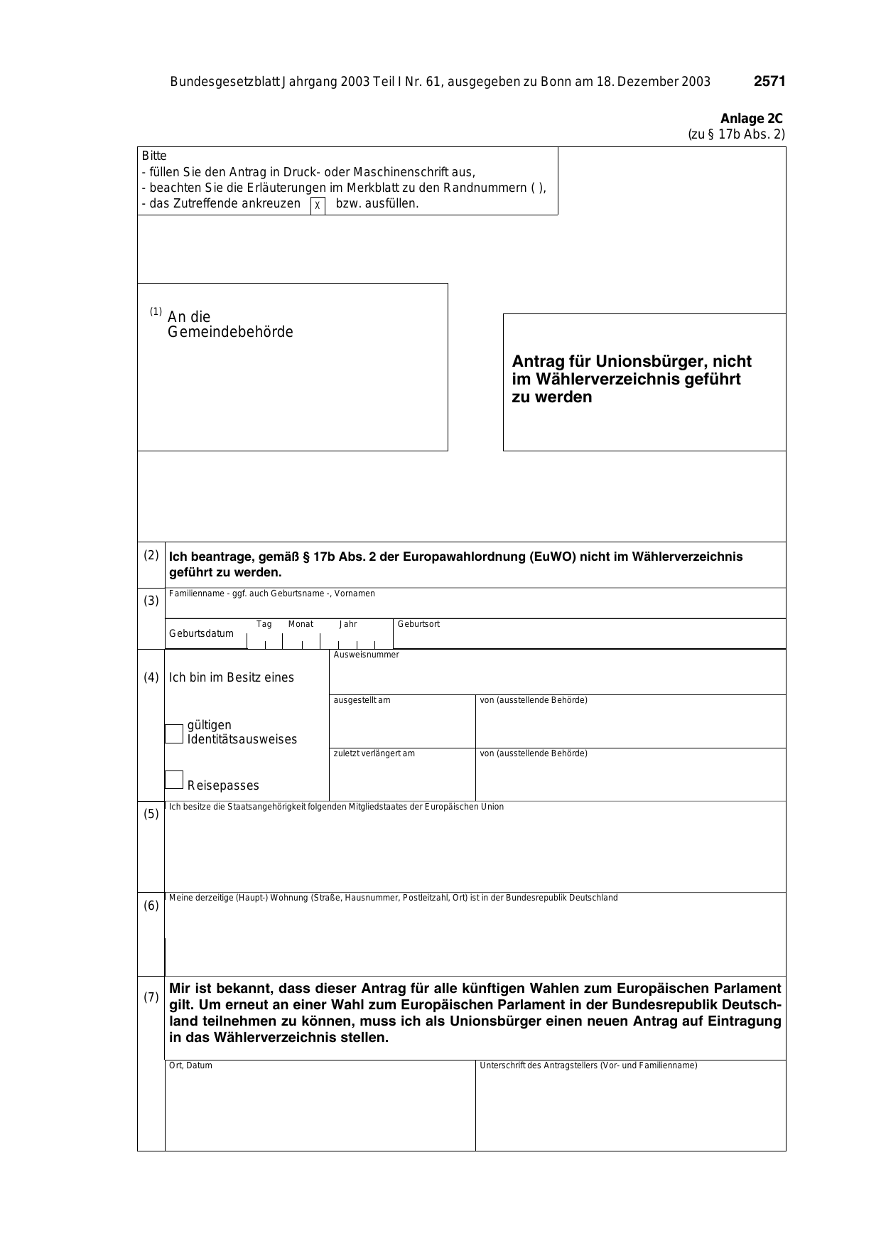 BGBl. 2003, Seite 2571 — Originalseite als Abbildung