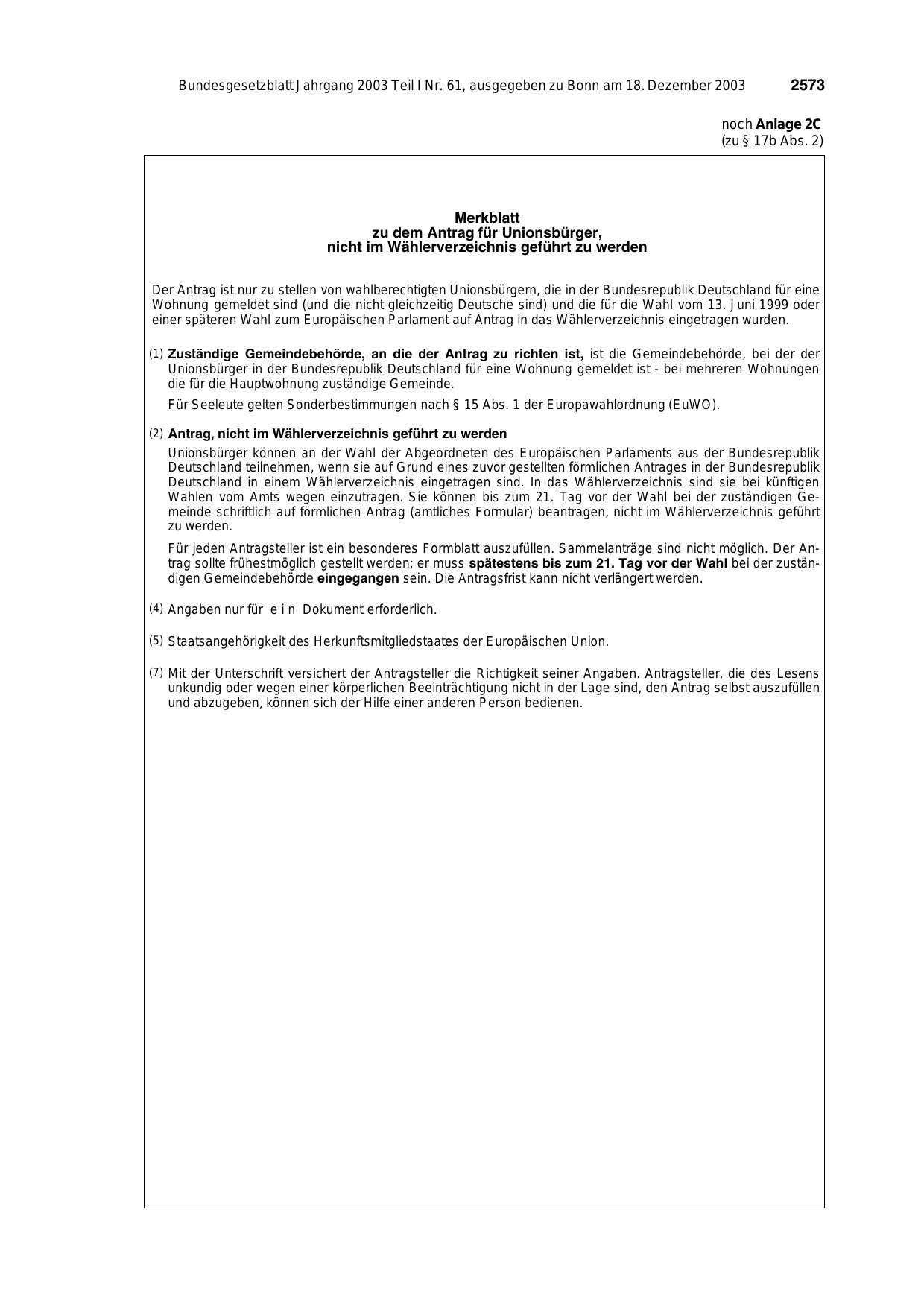 BGBl. 2003, Seite 2573 — Originalseite als Abbildung