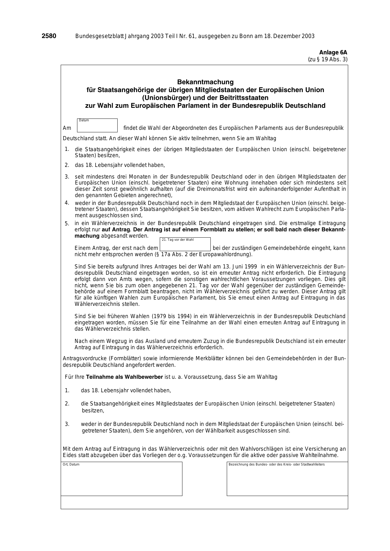 BGBl. 2003, Seite 2580 — Originalseite als Abbildung