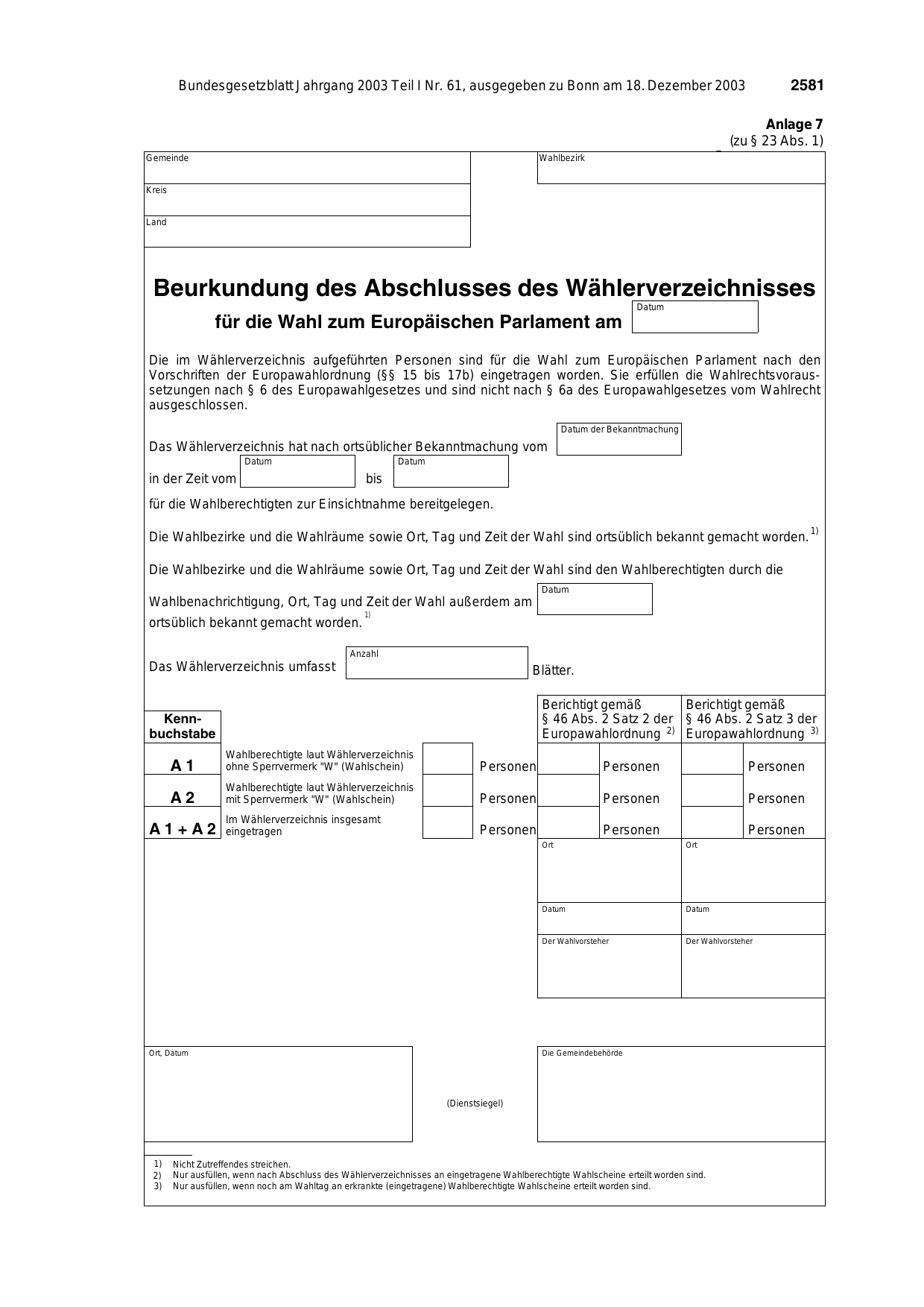 BGBl. 2003, Seite 2581 — Originalseite als Abbildung