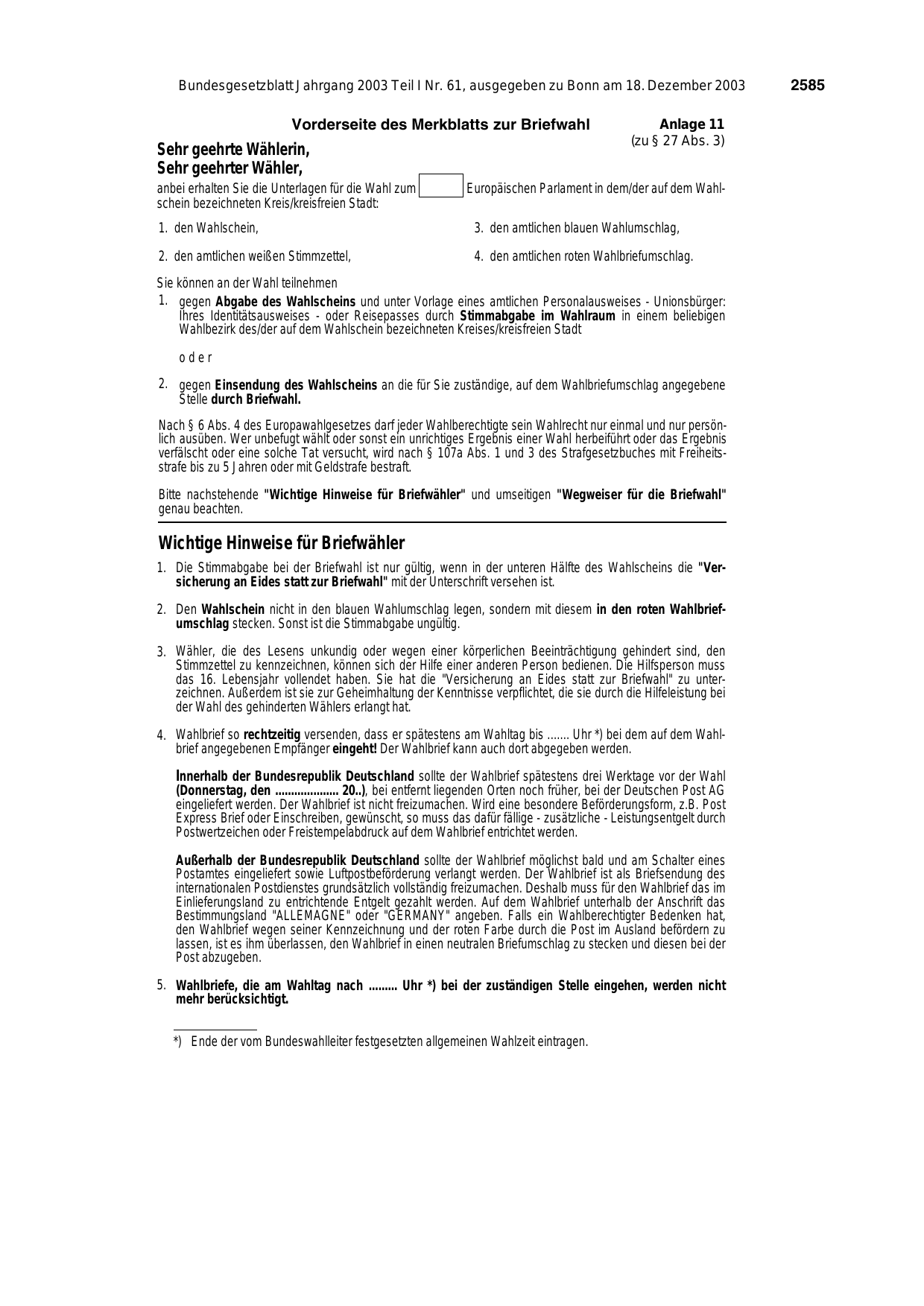 BGBl. 2003, Seite 2585 — Originalseite als Abbildung