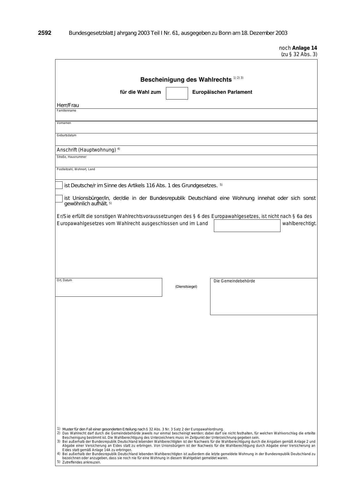 BGBl. 2003, Seite 2592 — Originalseite als Abbildung