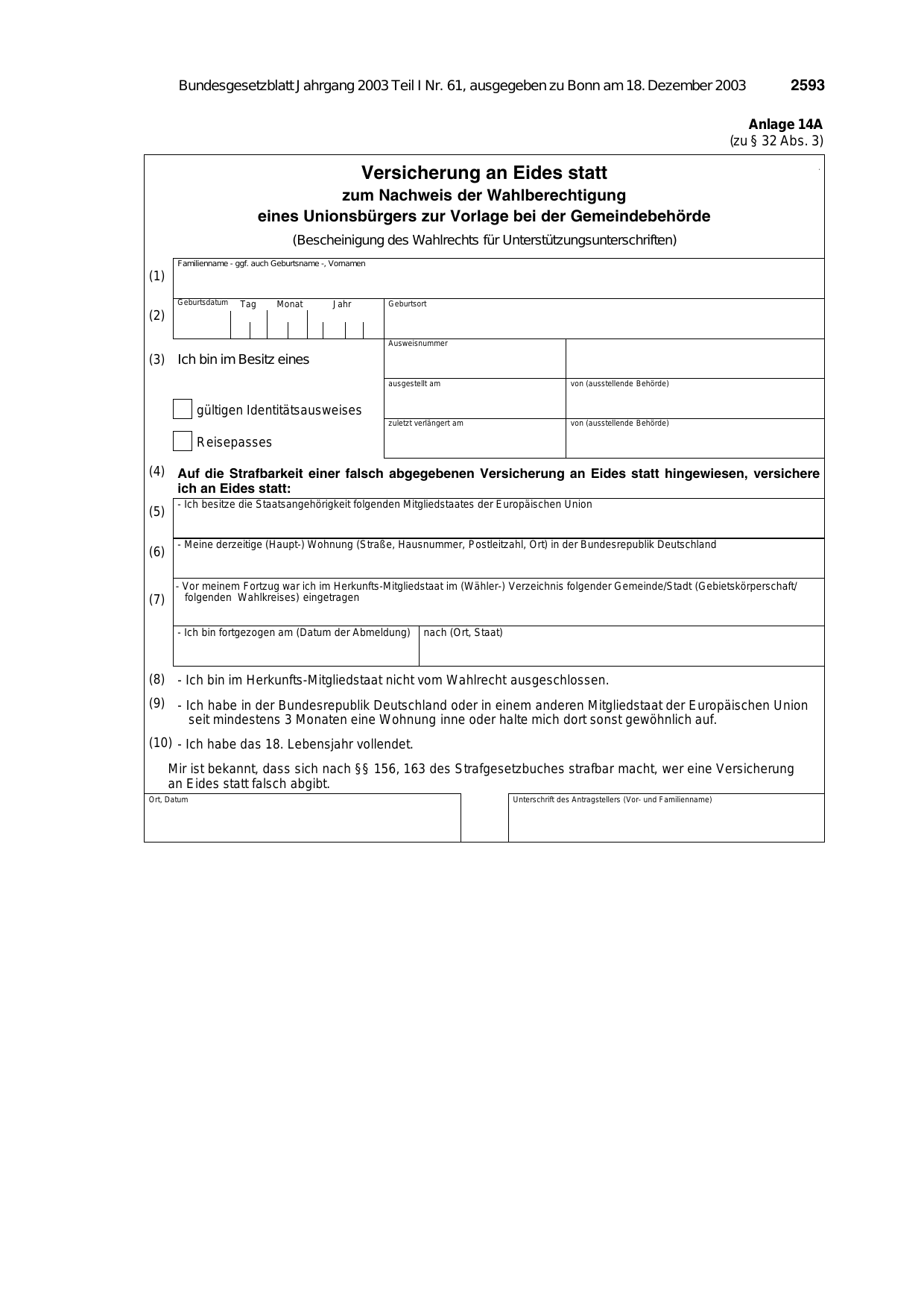 BGBl. 2003, Seite 2593 — Originalseite als Abbildung