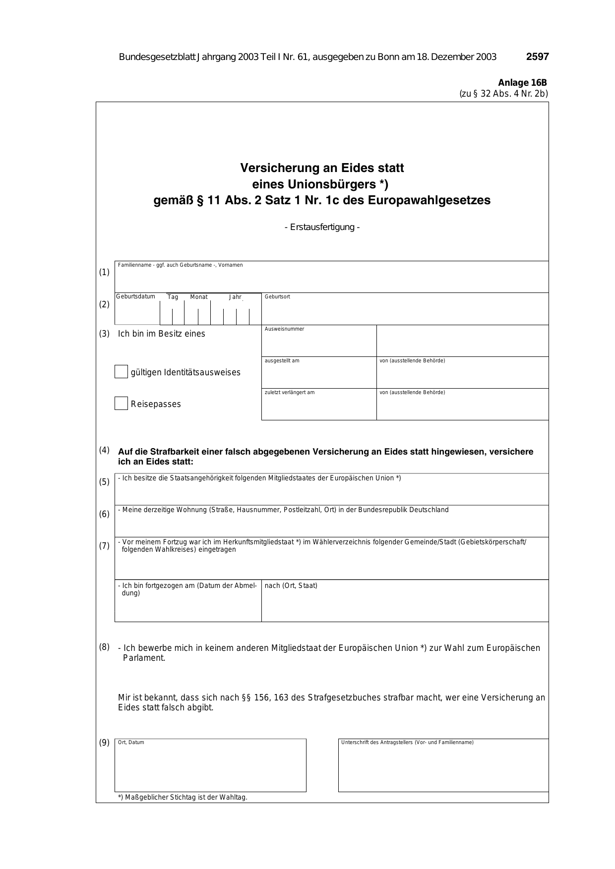 BGBl. 2003, Seite 2597 — Originalseite als Abbildung