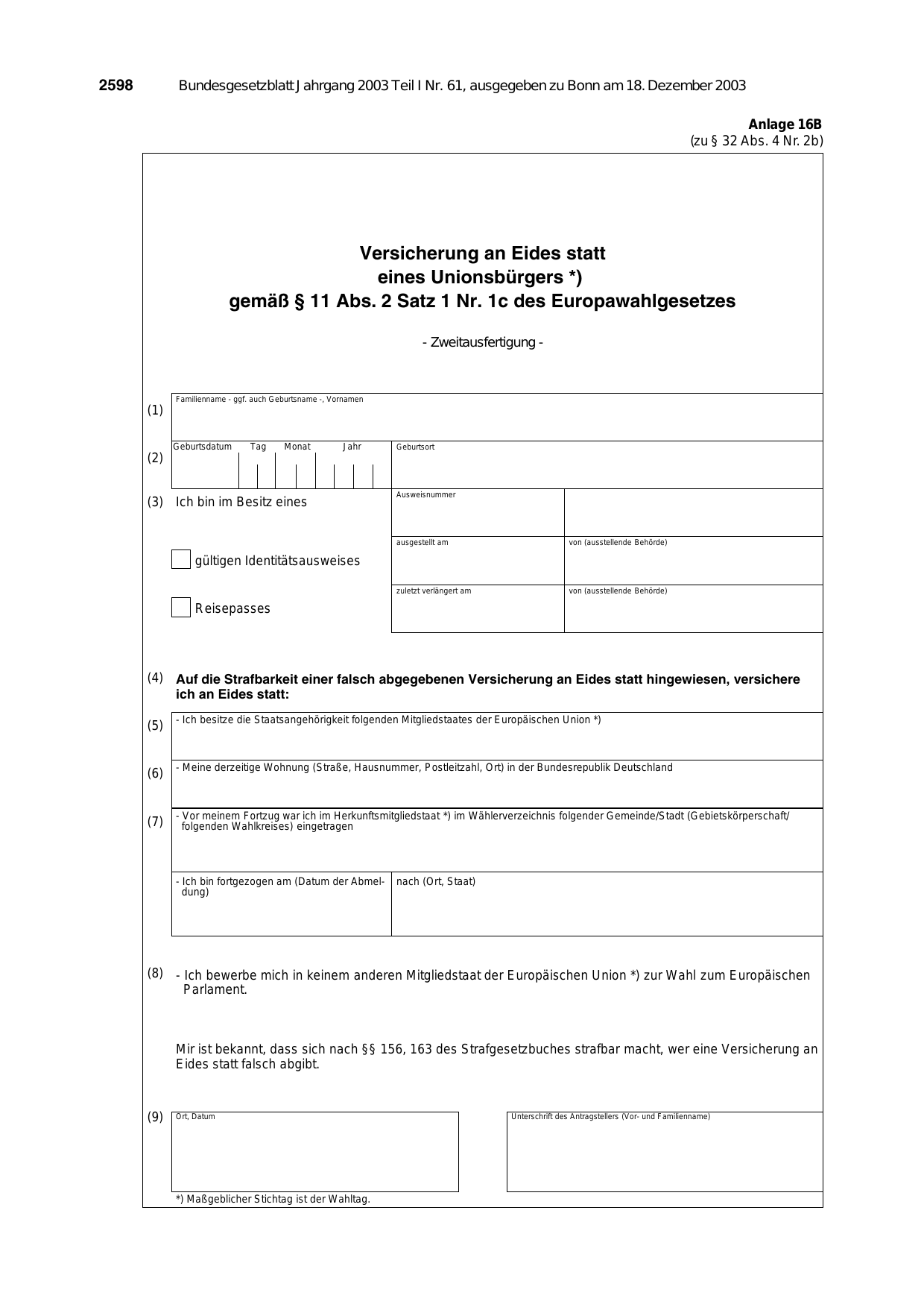 BGBl. 2003, Seite 2598 — Originalseite als Abbildung