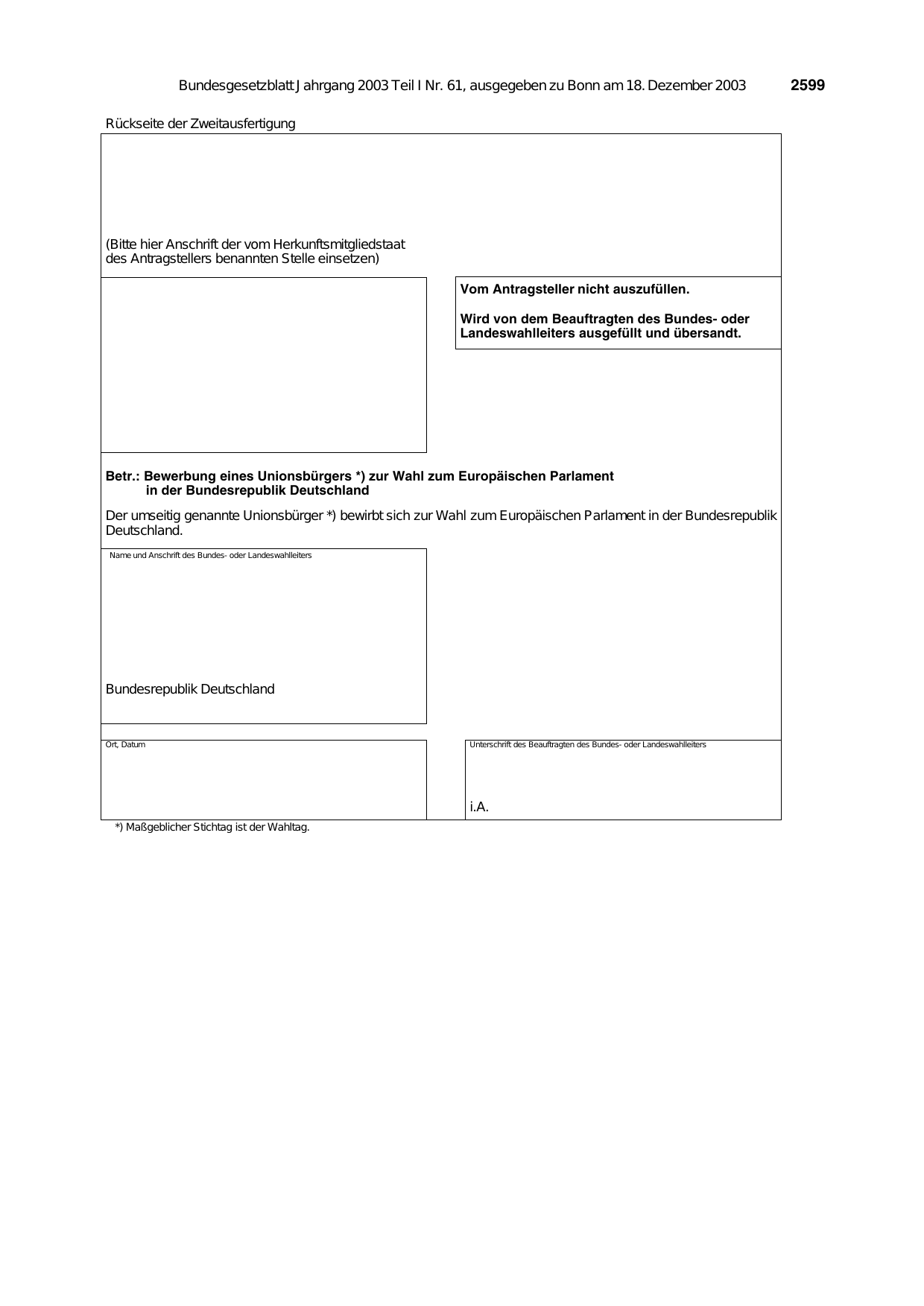 BGBl. 2003, Seite 2599 — Originalseite als Abbildung
