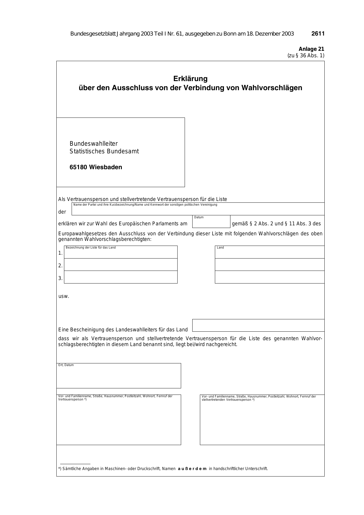 BGBl. 2003, Seite 2611 — Originalseite als Abbildung
