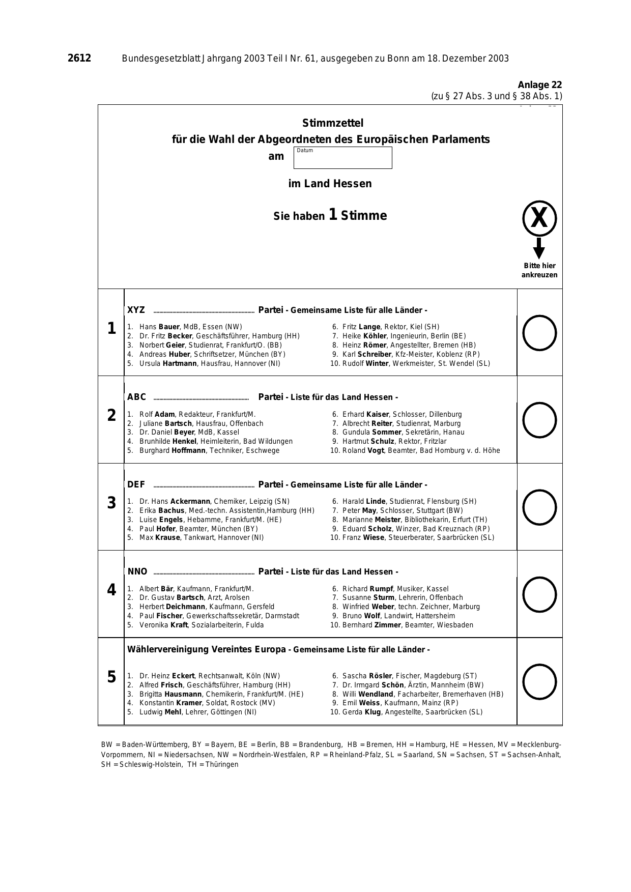 BGBl. 2003, Seite 2612 — Originalseite als Abbildung