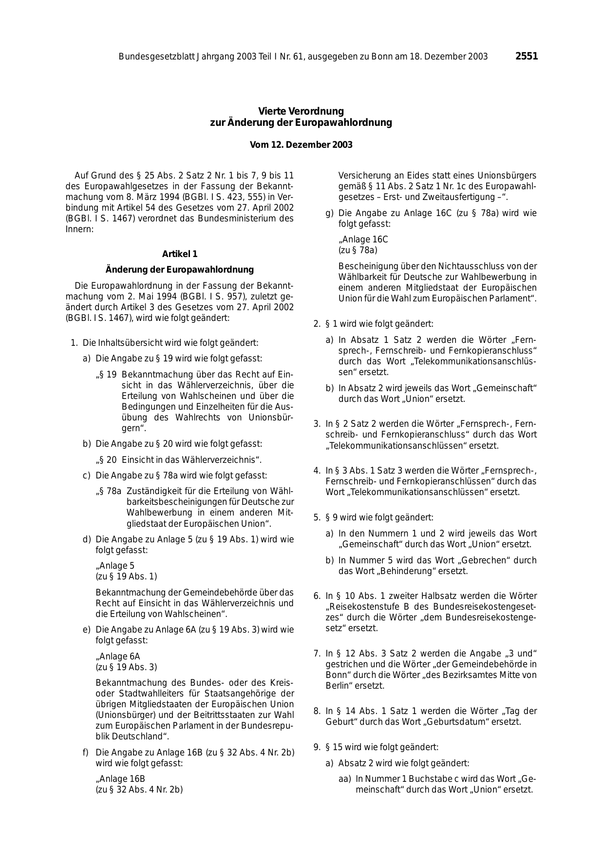 BGBl. 2003, Seite 2551 — Originalseite als Abbildung