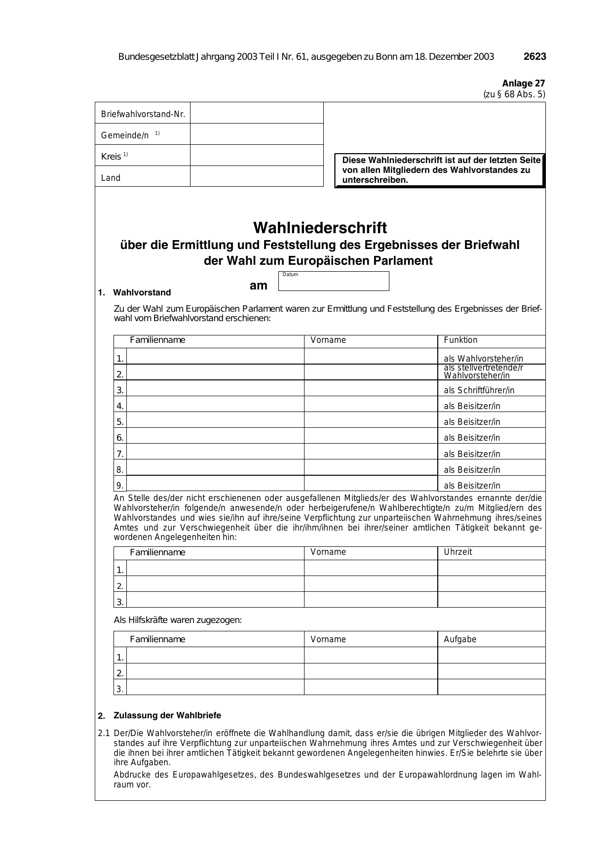 BGBl. 2003, Seite 2623 — Originalseite als Abbildung
