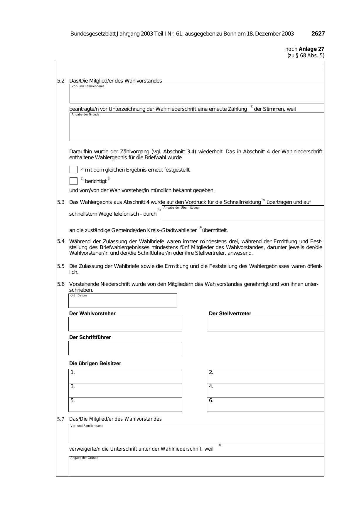 BGBl. 2003, Seite 2627 — Originalseite als Abbildung