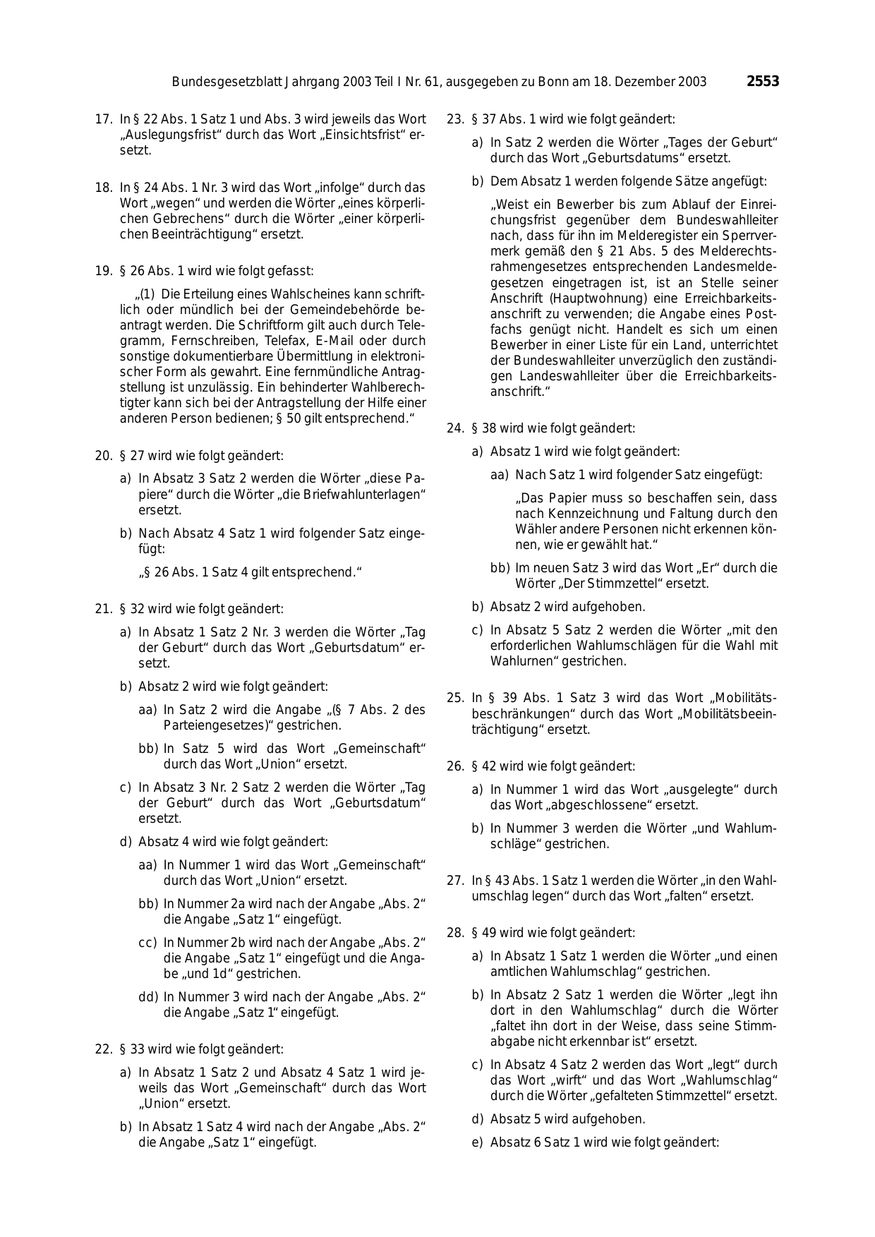 BGBl. 2003, Seite 2553 — Originalseite als Abbildung