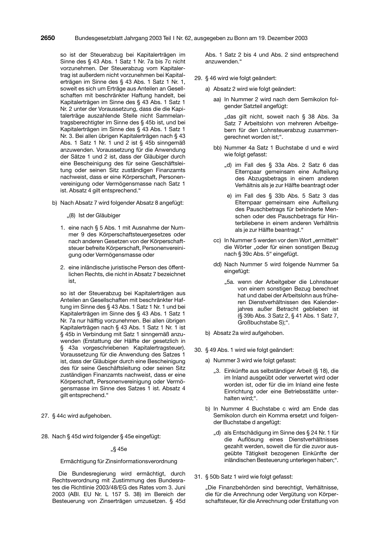 BGBl. 2003, Seite 2650 — Originalseite als Abbildung