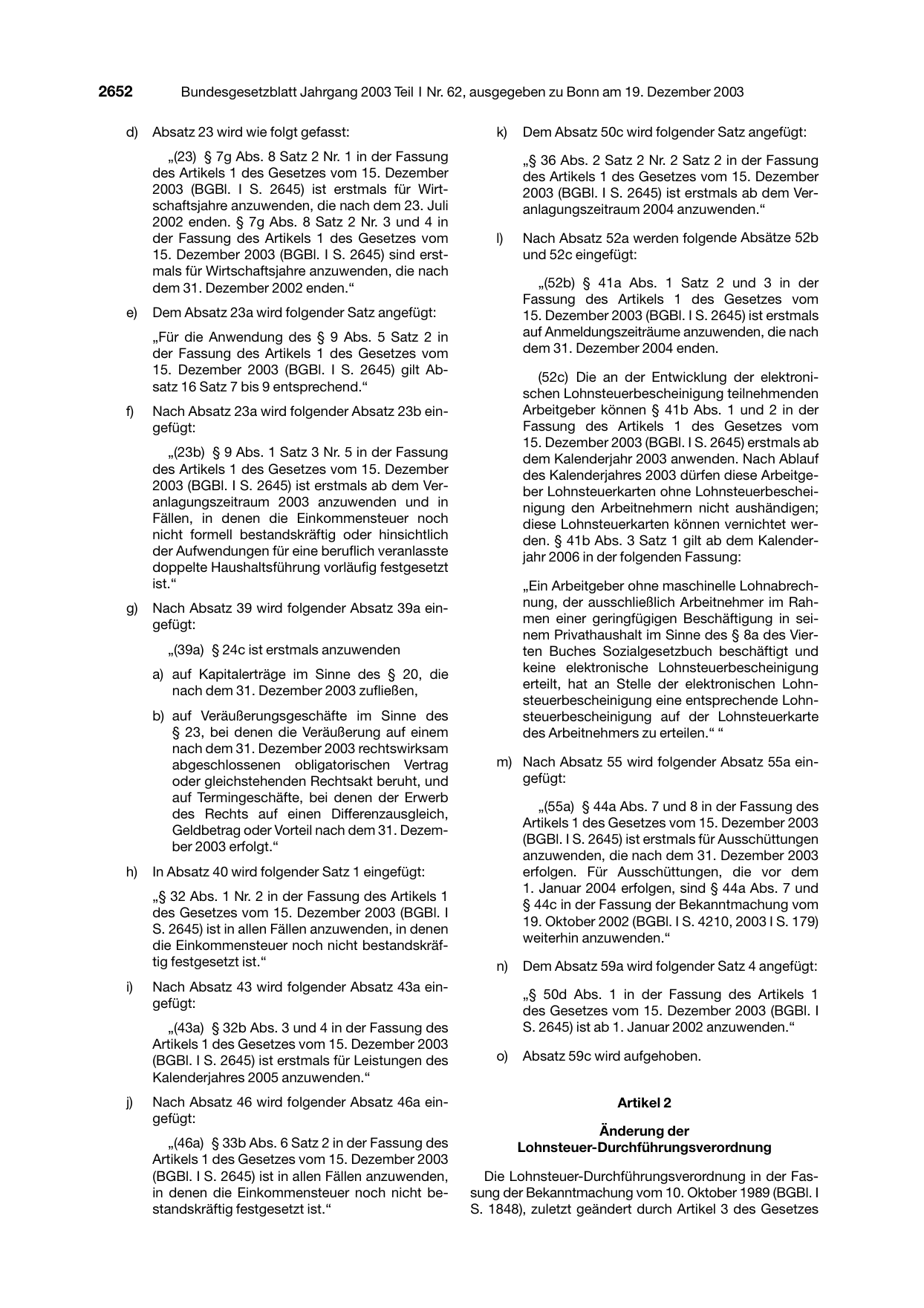 BGBl. 2003, Seite 2652 — Originalseite als Abbildung