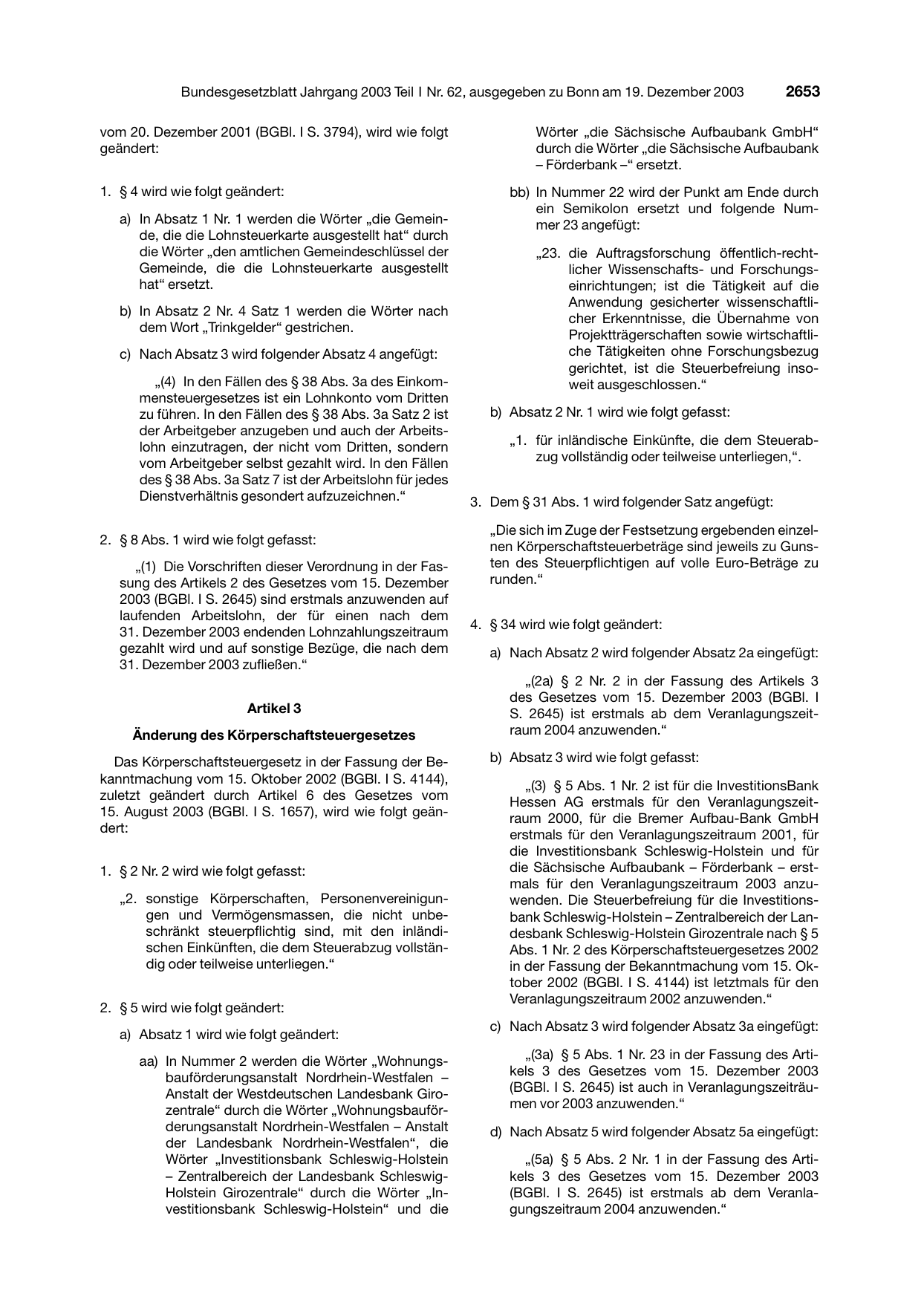 BGBl. 2003, Seite 2653 — Originalseite als Abbildung