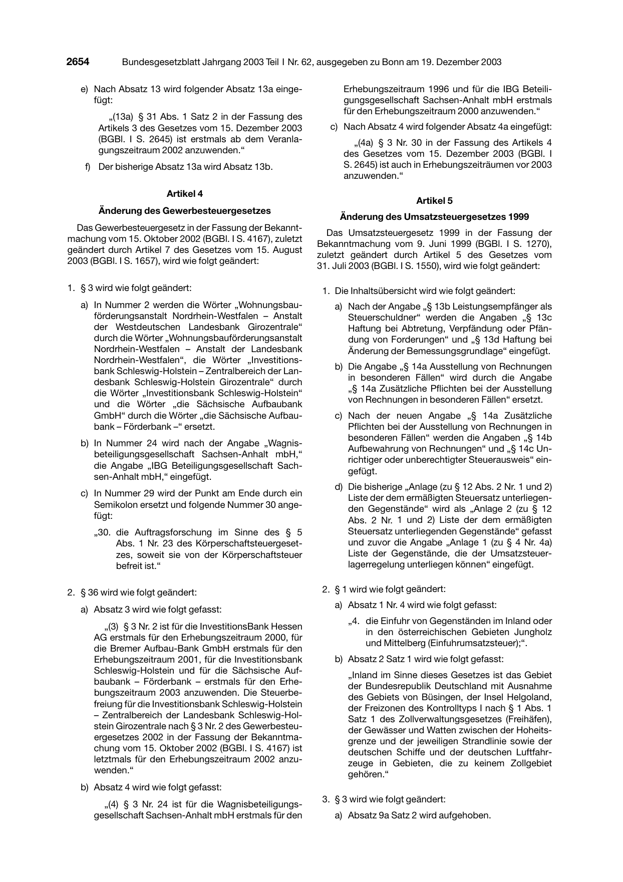 BGBl. 2003, Seite 2654 — Originalseite als Abbildung