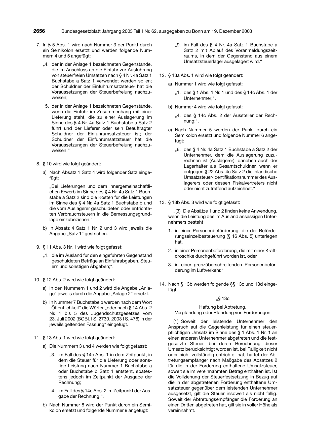BGBl. 2003, Seite 2656 — Originalseite als Abbildung