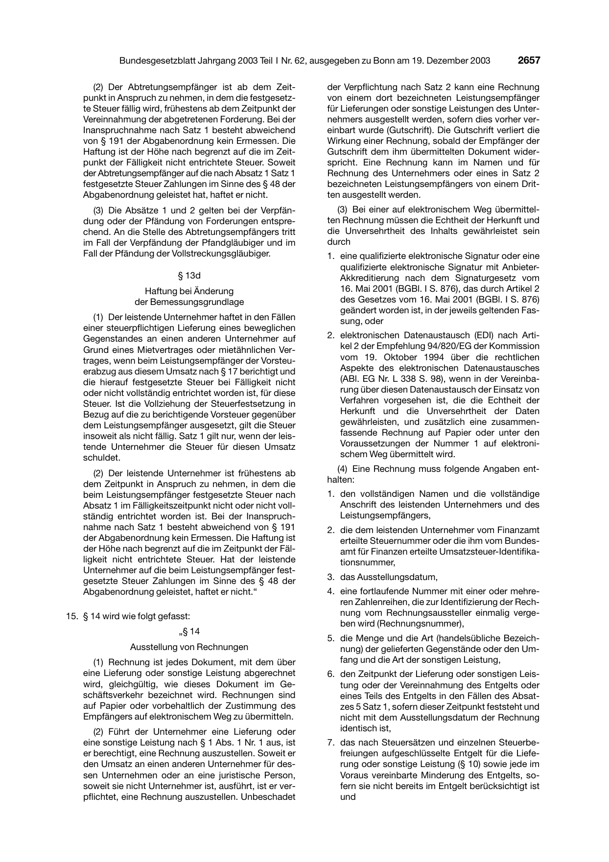 BGBl. 2003, Seite 2657 — Originalseite als Abbildung