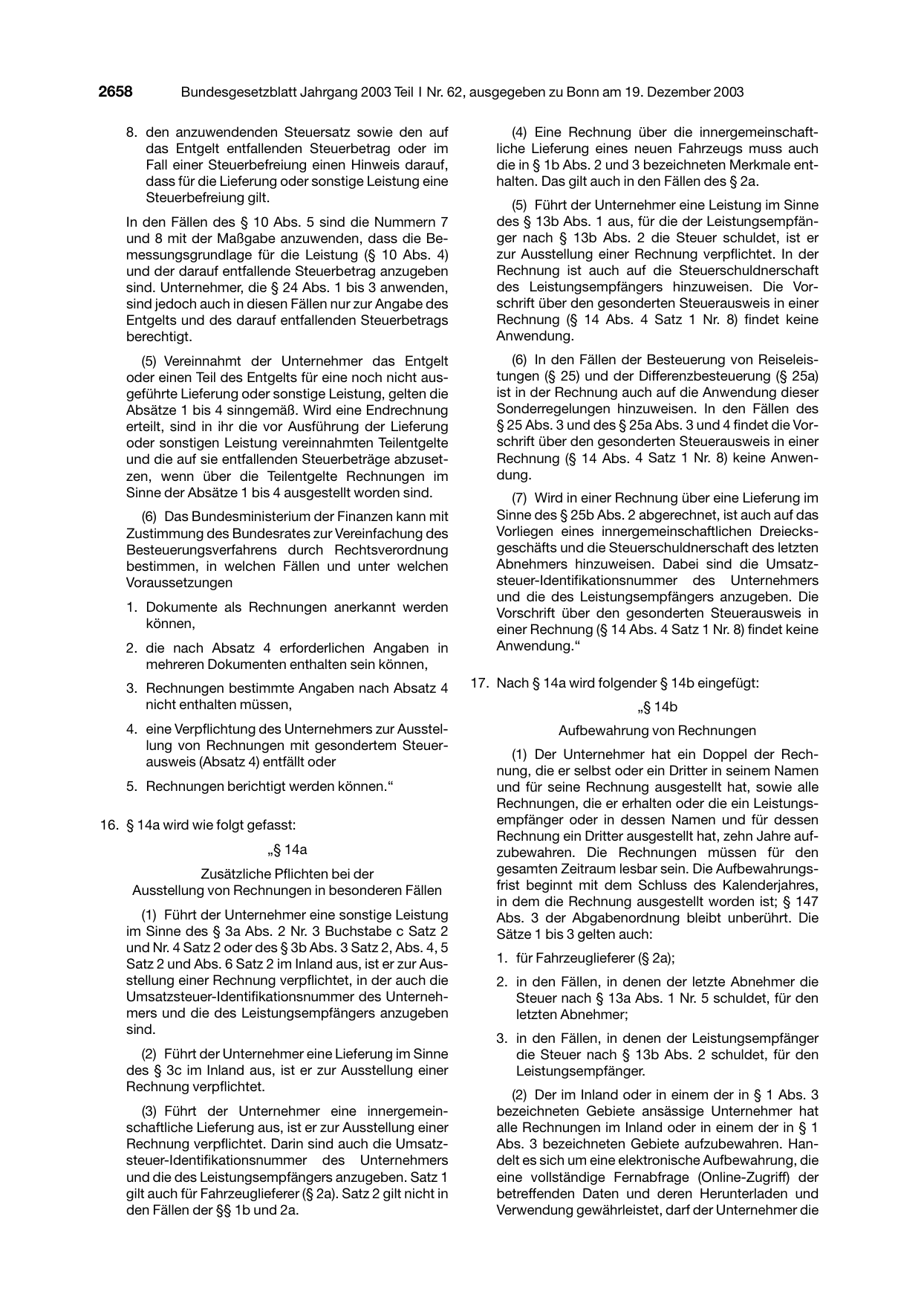 BGBl. 2003, Seite 2658 — Originalseite als Abbildung
