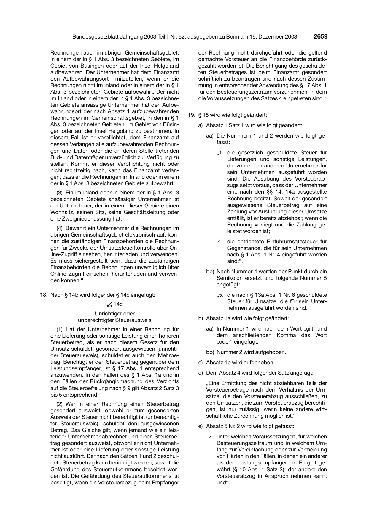 BGBl. 2003, Seite 2659 — Originalseite als Abbildung